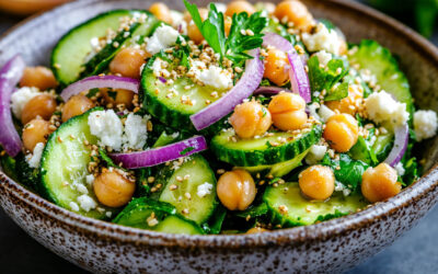 Ensalada fresca de pepino persa, garbanzos asados y feta
